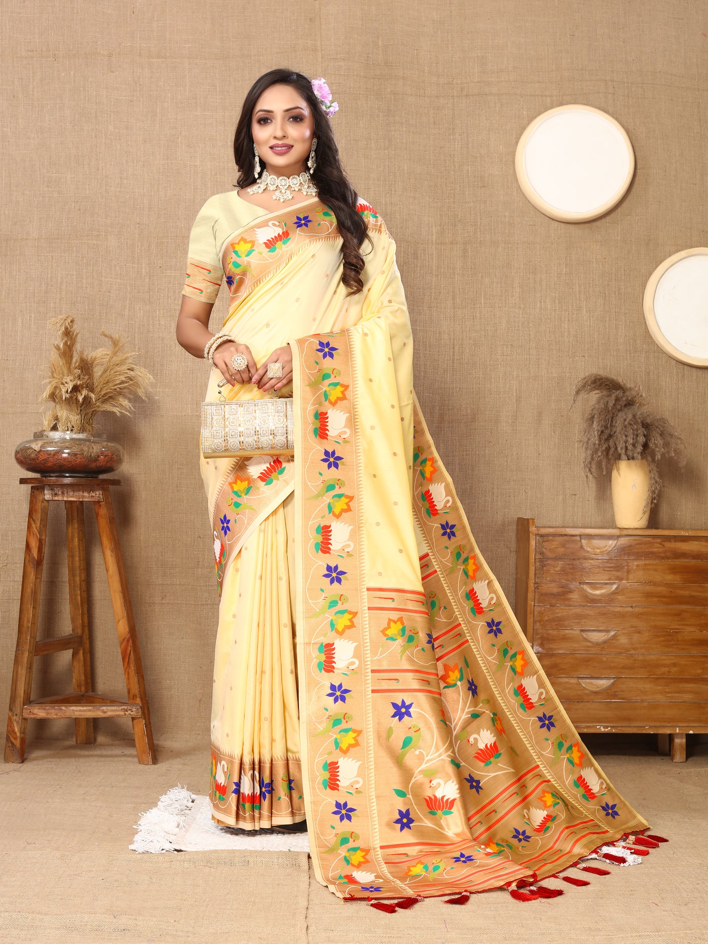Cream Traditional Rajhans Paithani Soft Silk Saree With Blouse Piece