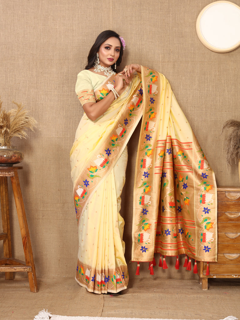Cream Traditional Rajhans Paithani Soft Silk Saree With Blouse Piece