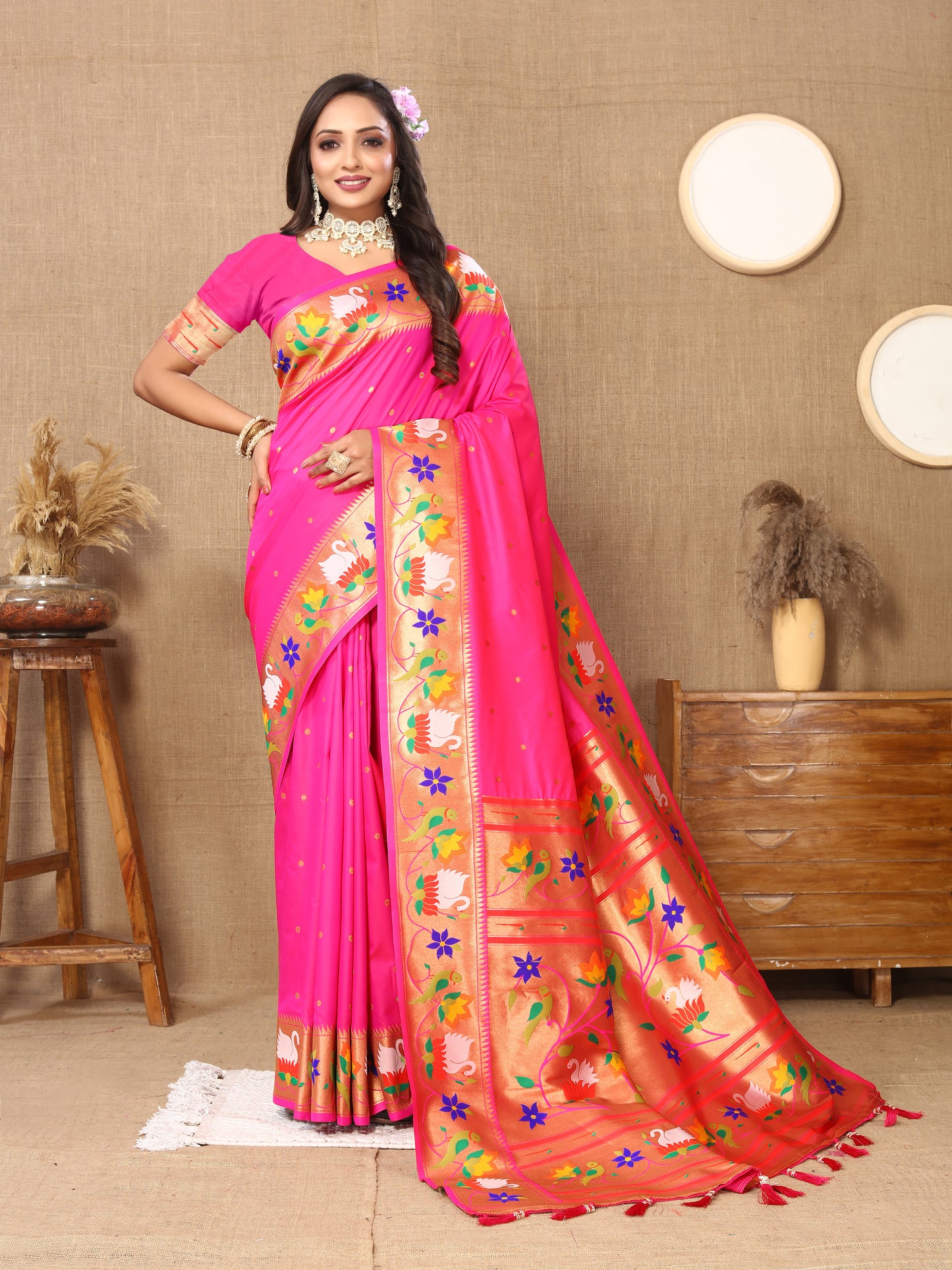 Light Pink Traditional Rajhans Paithani Soft Silk Saree With Blouse Piece