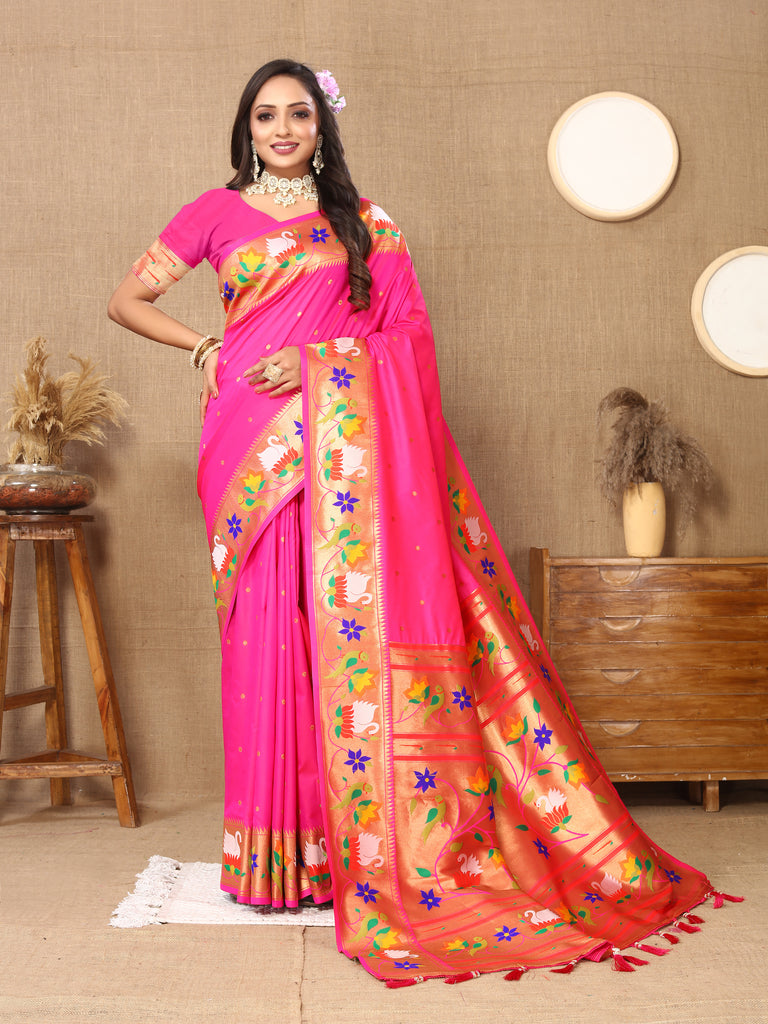 Light Pink Traditional Rajhans Paithani Soft Silk Saree With Blouse Piece