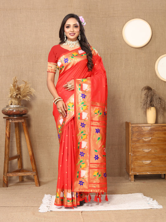 Red Traditional Rajhans Paithani Soft Silk Saree With Blouse Piece