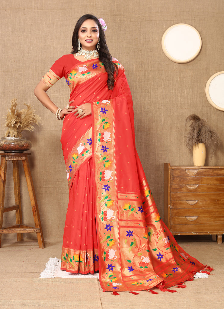 Red Traditional Rajhans Paithani Soft Silk Saree With Blouse Piece