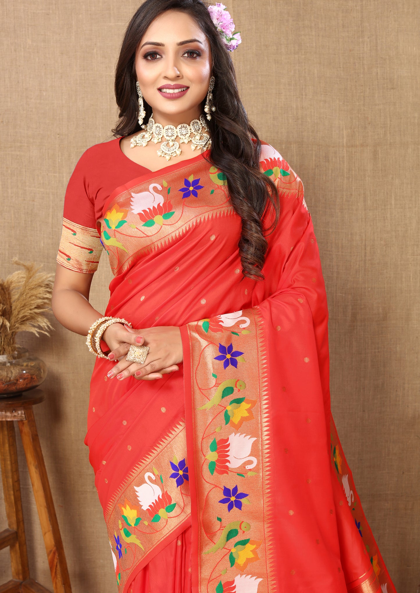 Red Traditional Rajhans Paithani Soft Silk Saree With Blouse Piece