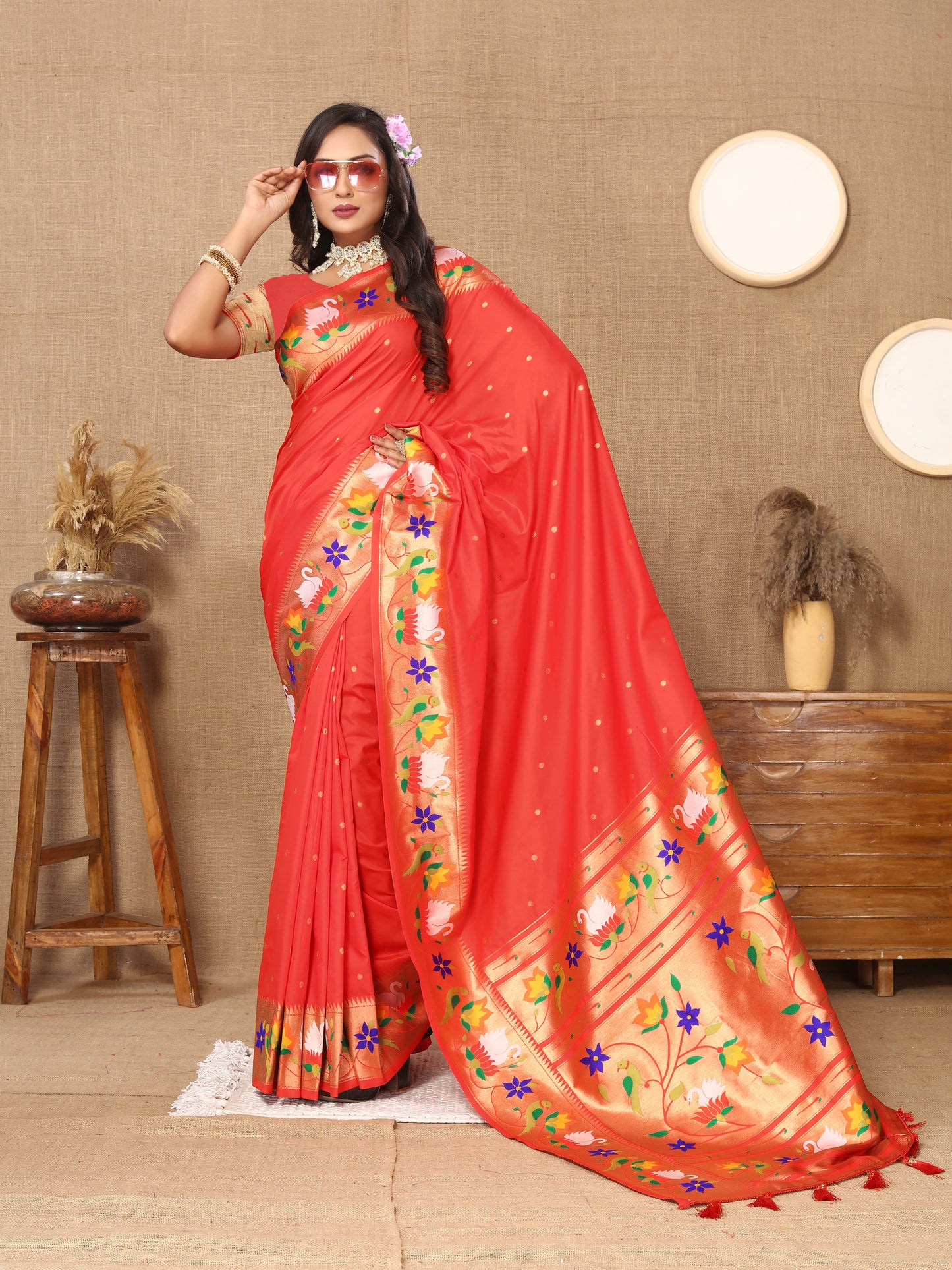 Red Traditional Rajhans Paithani Soft Silk Saree With Blouse Piece