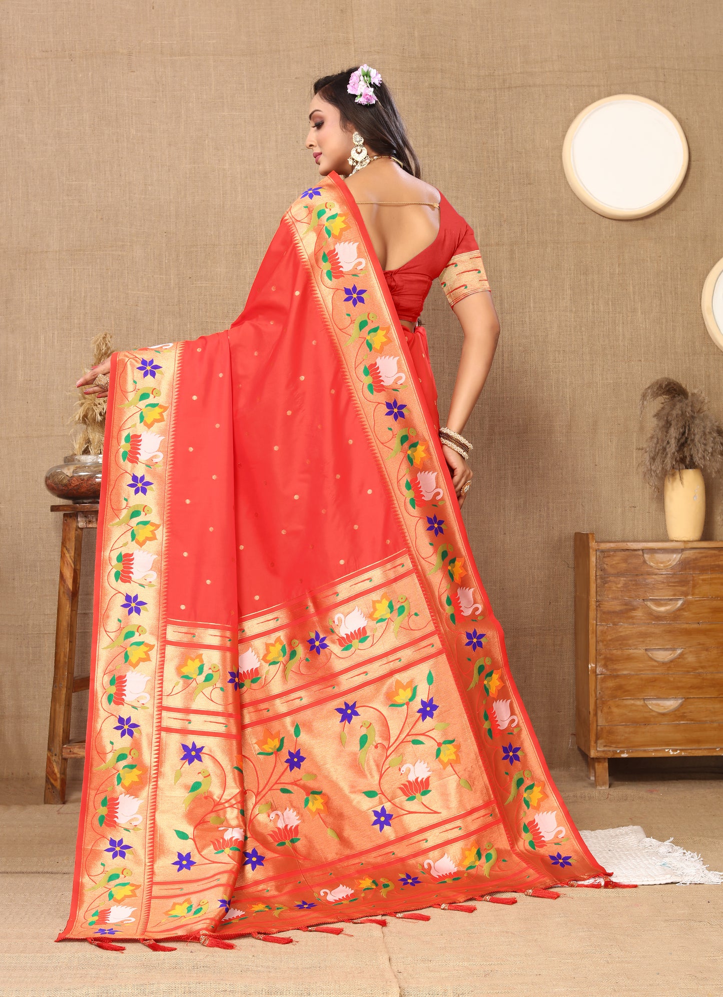 Red Traditional Rajhans Paithani Soft Silk Saree With Blouse Piece