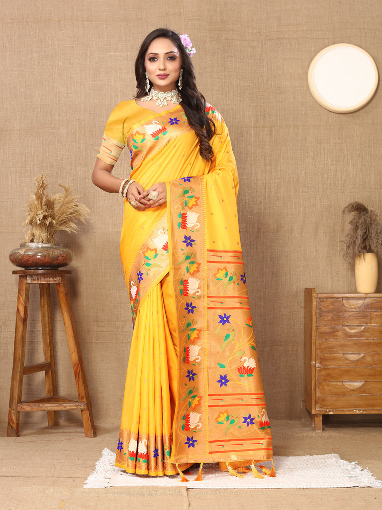 Yellow Traditional Rajhans Paithani Soft Silk Saree With Blouse Piece