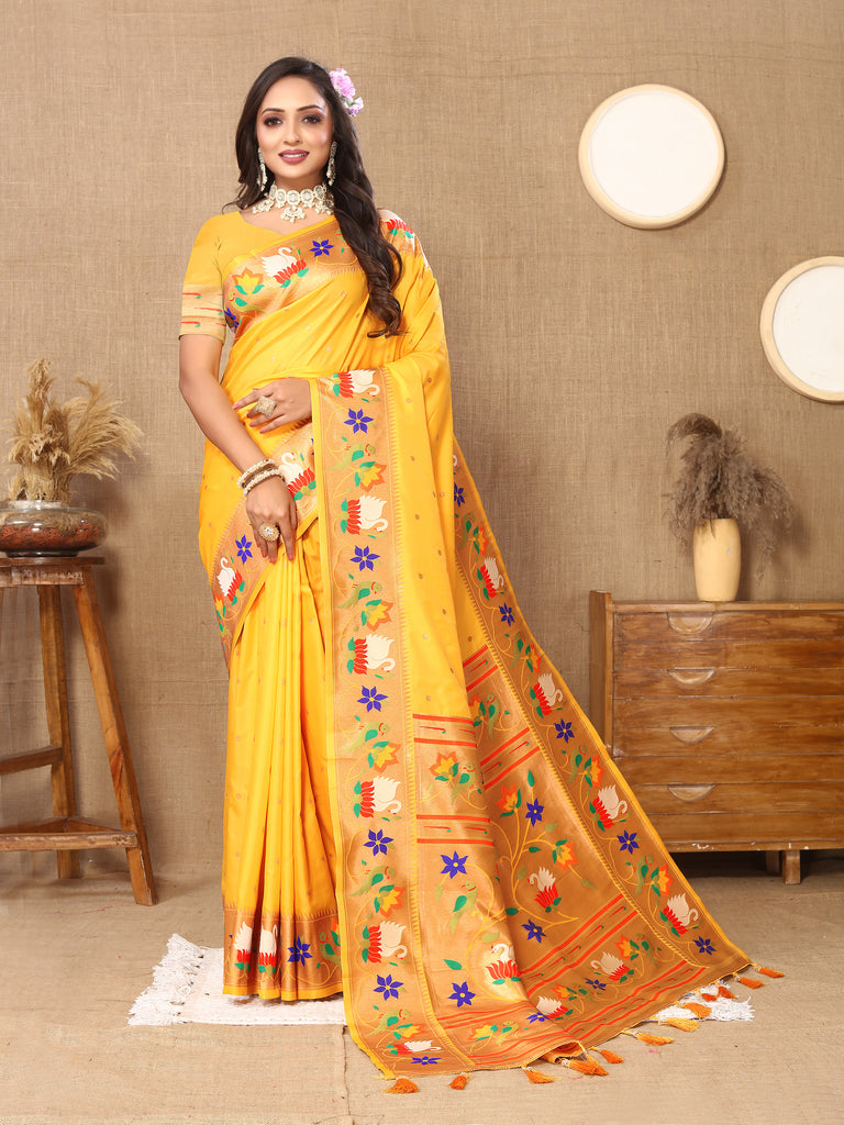 Yellow Traditional Rajhans Paithani Soft Silk Saree With Blouse Piece