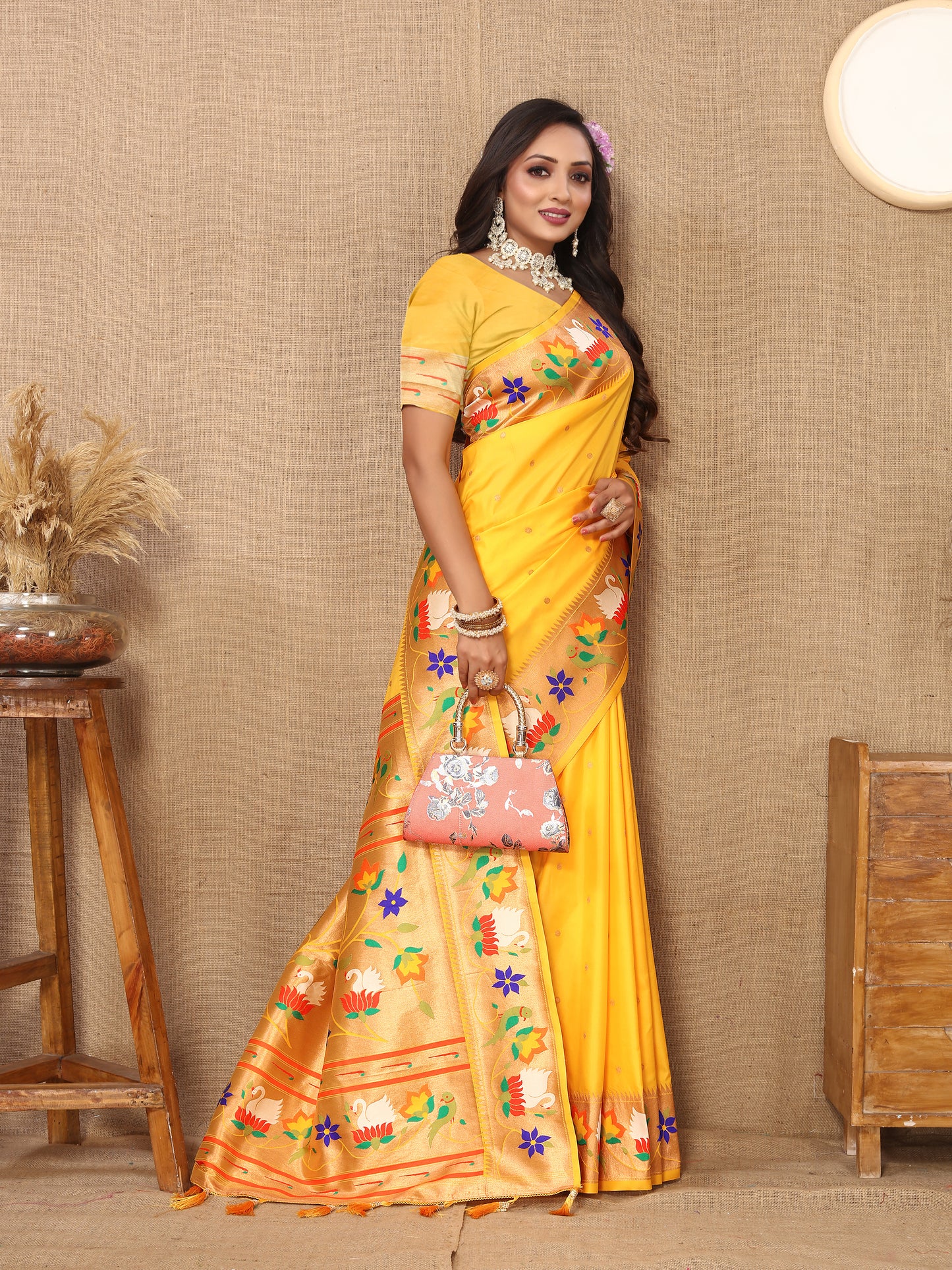 Yellow Traditional Rajhans Paithani Soft Silk Saree With Blouse Piece