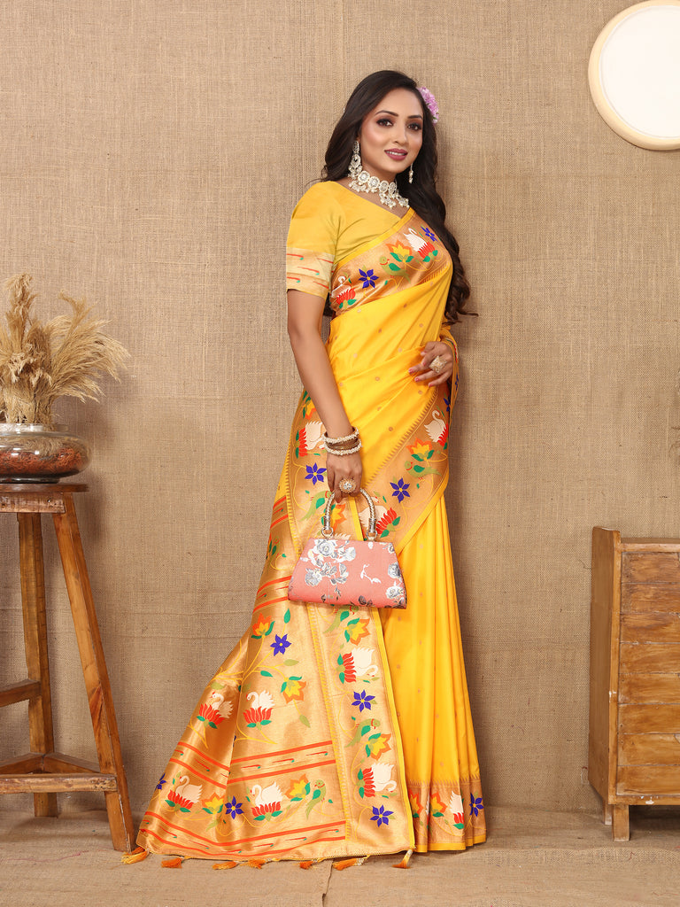 Yellow Traditional Rajhans Paithani Soft Silk Saree With Blouse Piece