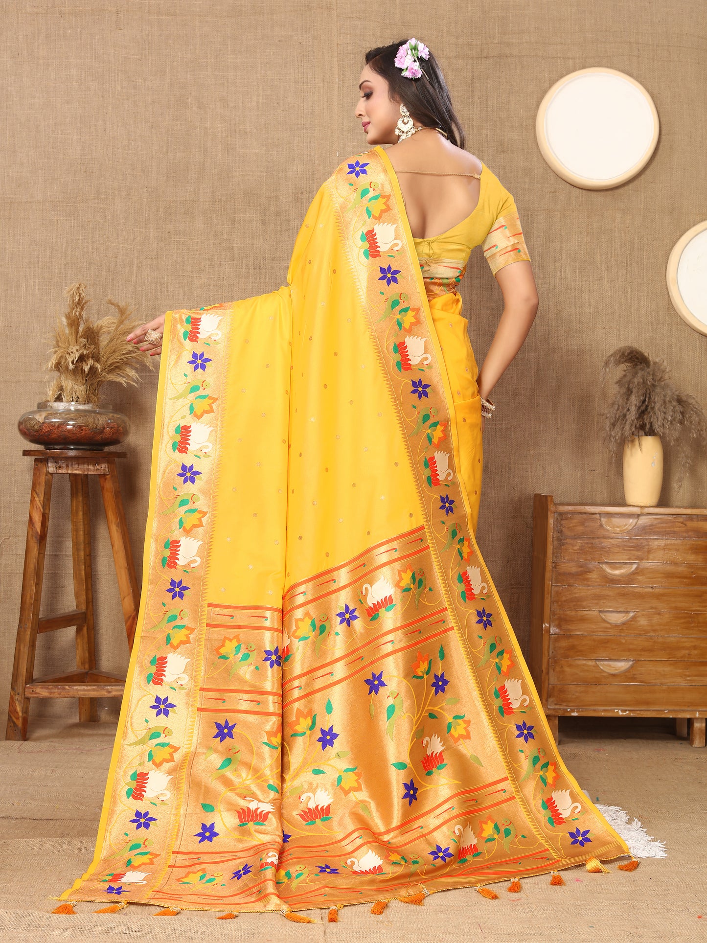 Yellow Traditional Rajhans Paithani Soft Silk Saree With Blouse Piece