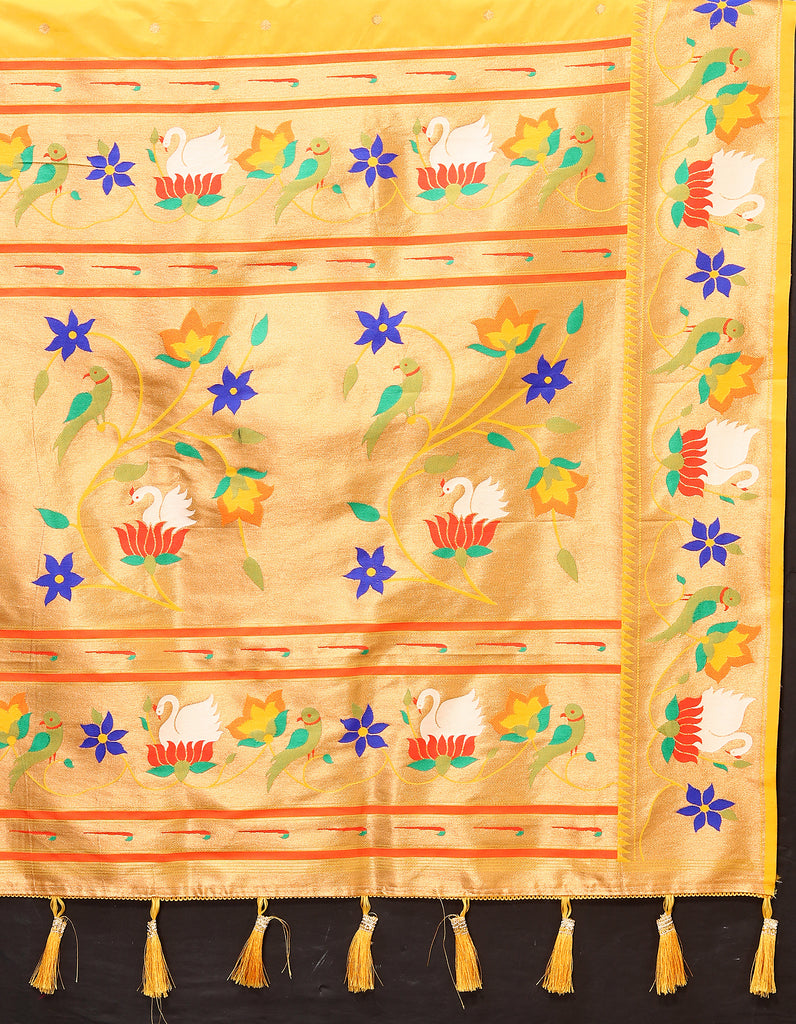 Yellow Traditional Rajhans Paithani Soft Silk Saree With Blouse Piece