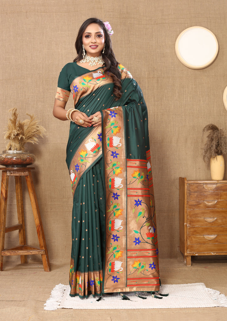 Green Traditional Rajhans Paithani Soft Silk Saree With Blouse Piece