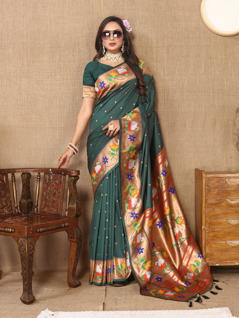 Green Traditional Rajhans Paithani Soft Silk Saree With Blouse Piece