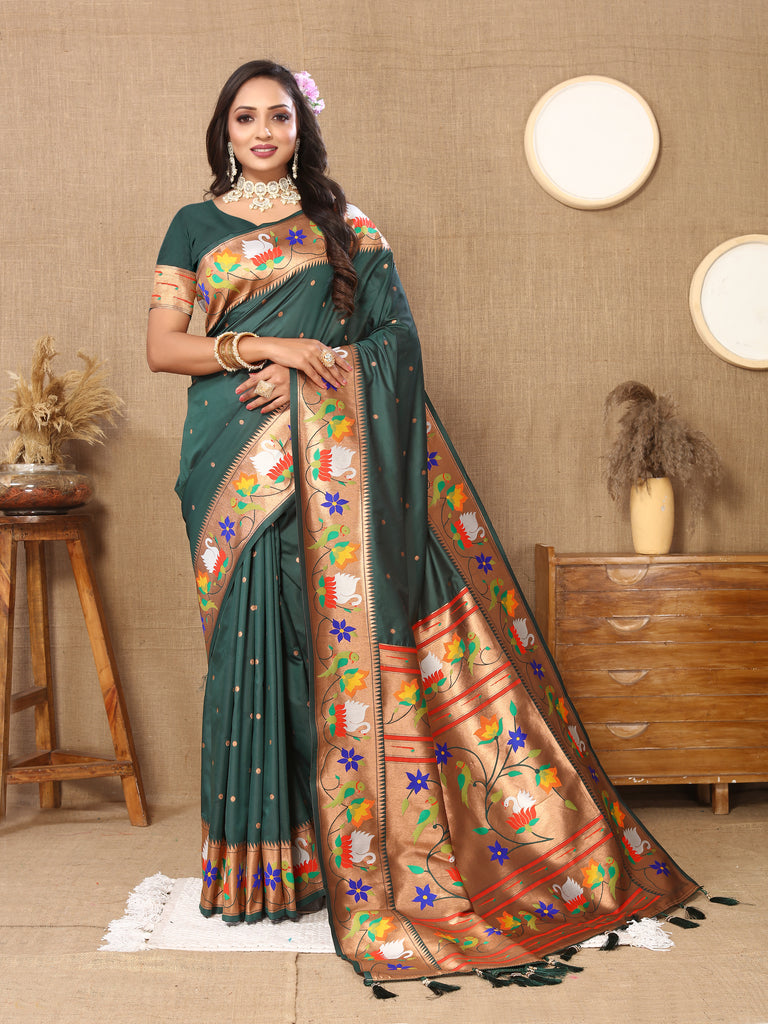Green Traditional Rajhans Paithani Soft Silk Saree With Blouse Piece