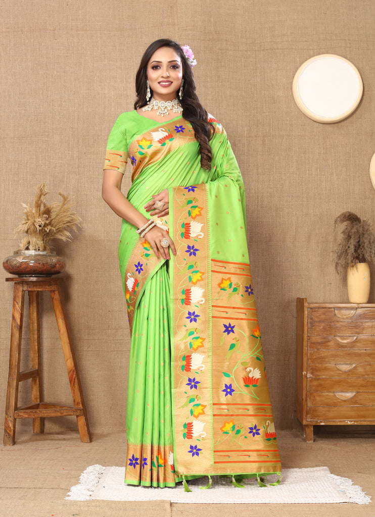 Parrot Traditional Rajhans Paithani Soft Silk Saree With Blouse Piece