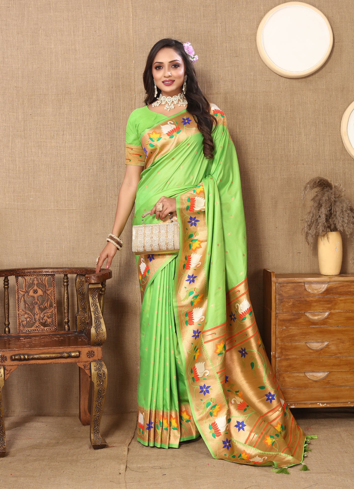 Parrot Traditional Rajhans Paithani Soft Silk Saree With Blouse Piece