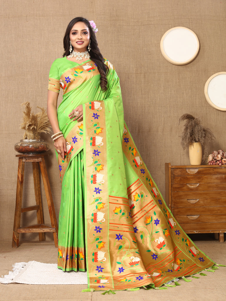 Parrot Traditional Rajhans Paithani Soft Silk Saree With Blouse Piece