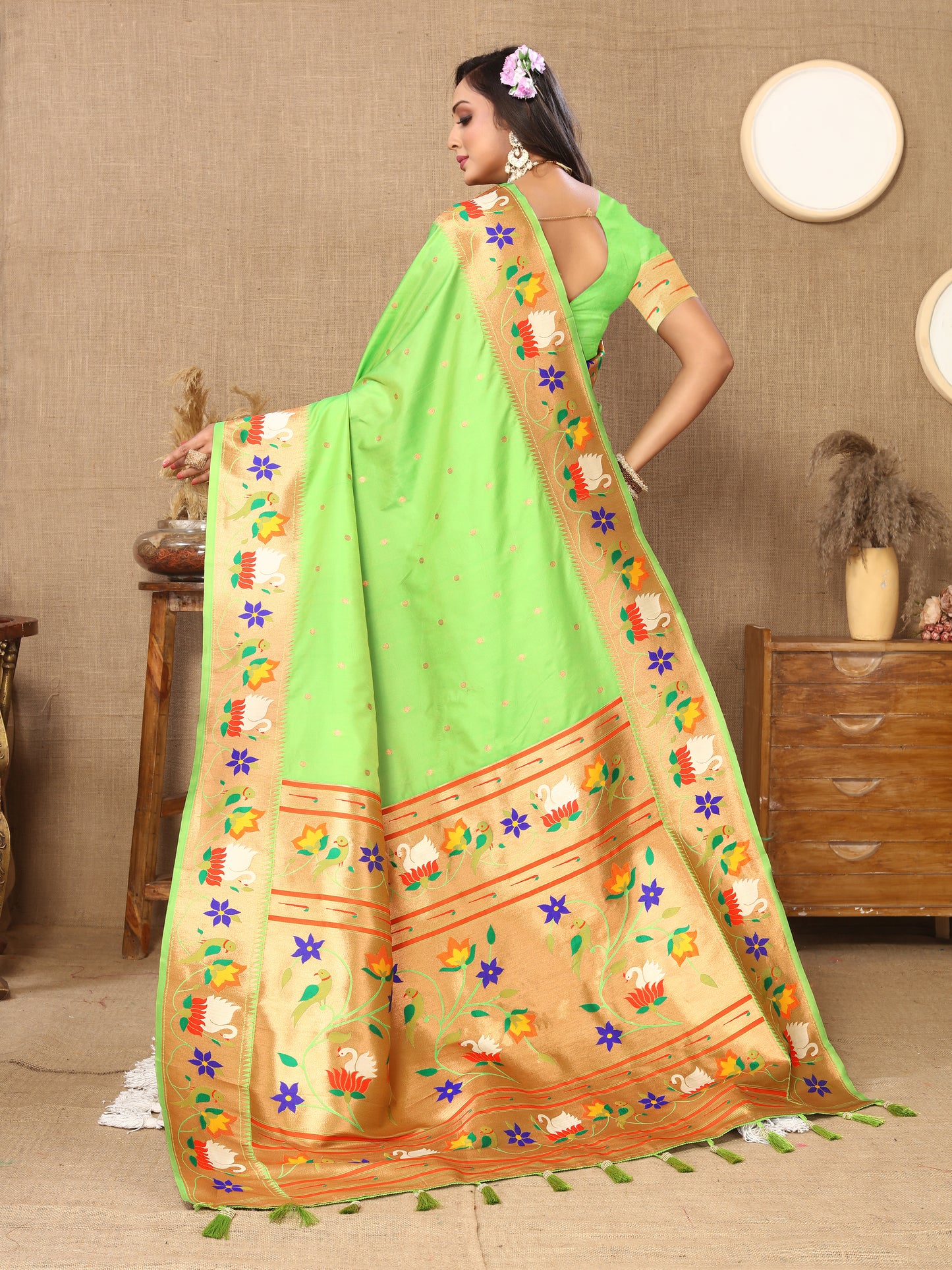 Parrot Traditional Rajhans Paithani Soft Silk Saree With Blouse Piece