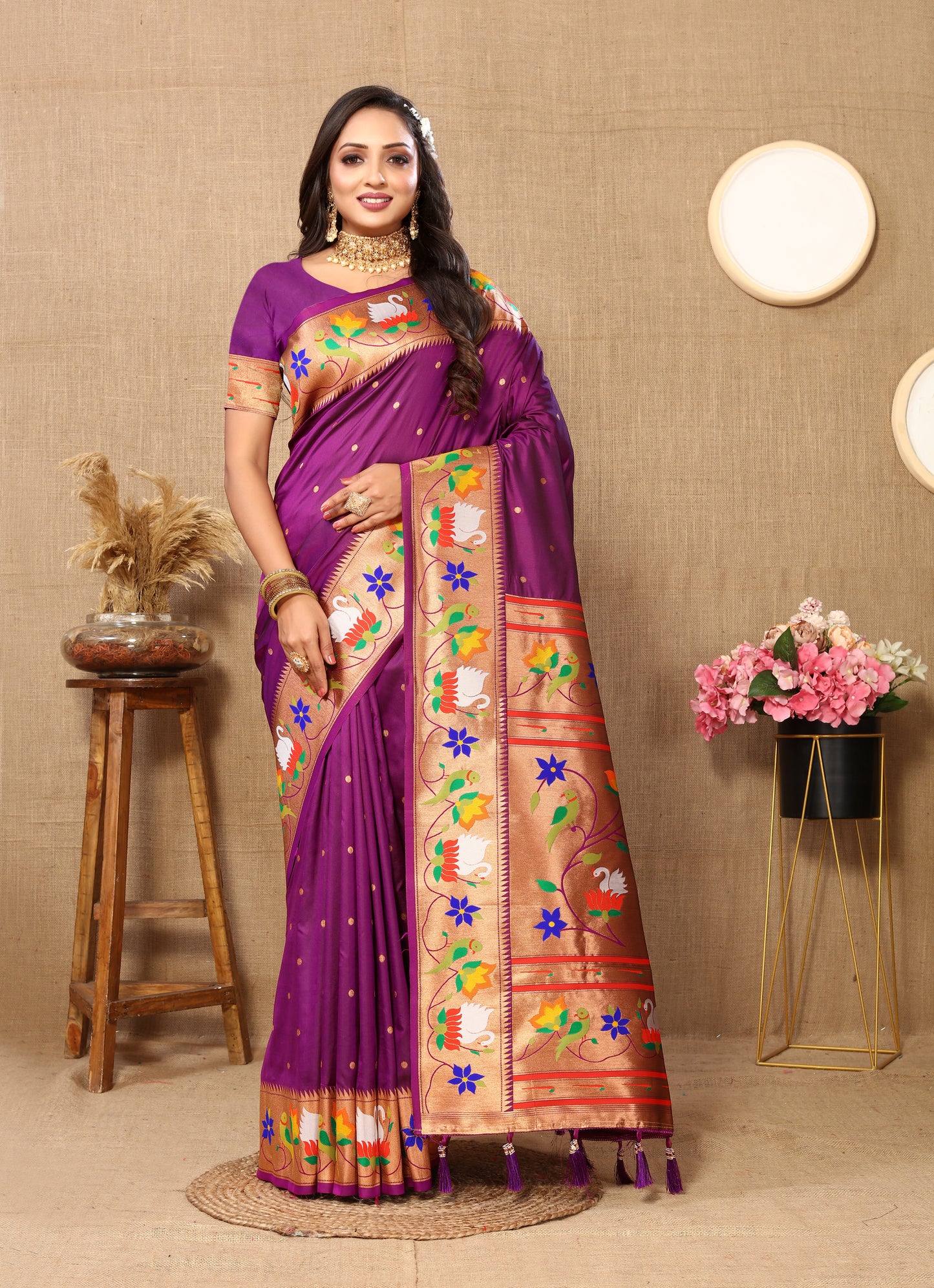 Wine Traditional Rajhans Paithani Soft Silk Saree With Blouse Piece