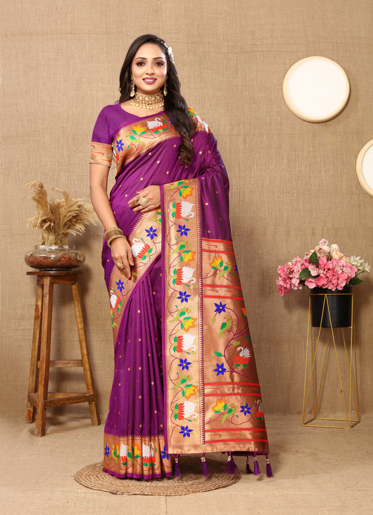 Wine Traditional Rajhans Paithani Soft Silk Saree With Blouse Piece