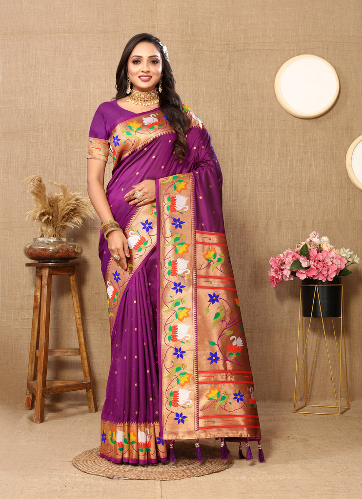 Wine Traditional Rajhans Paithani Soft Silk Saree With Blouse Piece