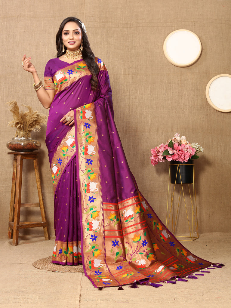 Wine Traditional Rajhans Paithani Soft Silk Saree With Blouse Piece