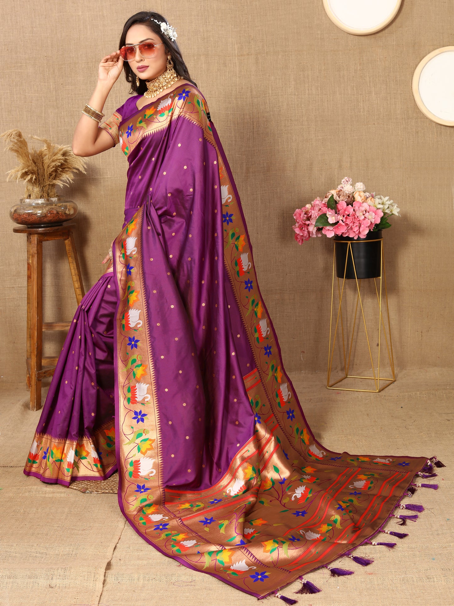 Wine Traditional Rajhans Paithani Soft Silk Saree With Blouse Piece