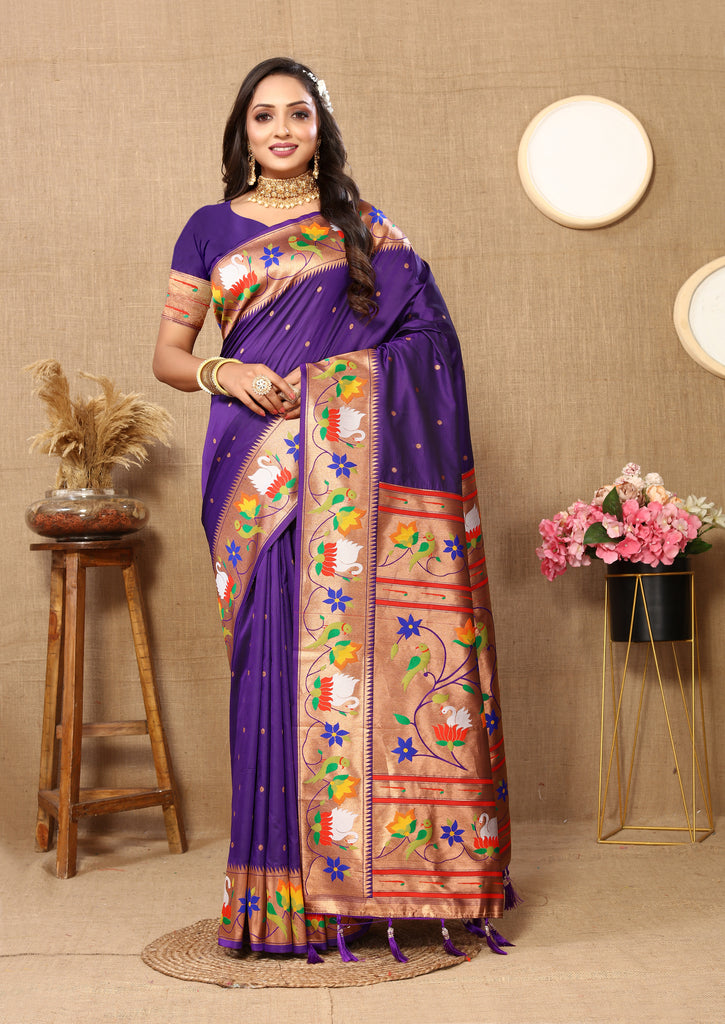 Violet Traditional Rajhans Paithani Soft Silk Saree With Blouse Piece