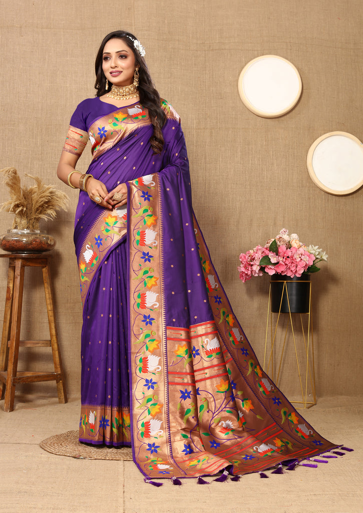 Violet Traditional Rajhans Paithani Soft Silk Saree With Blouse Piece