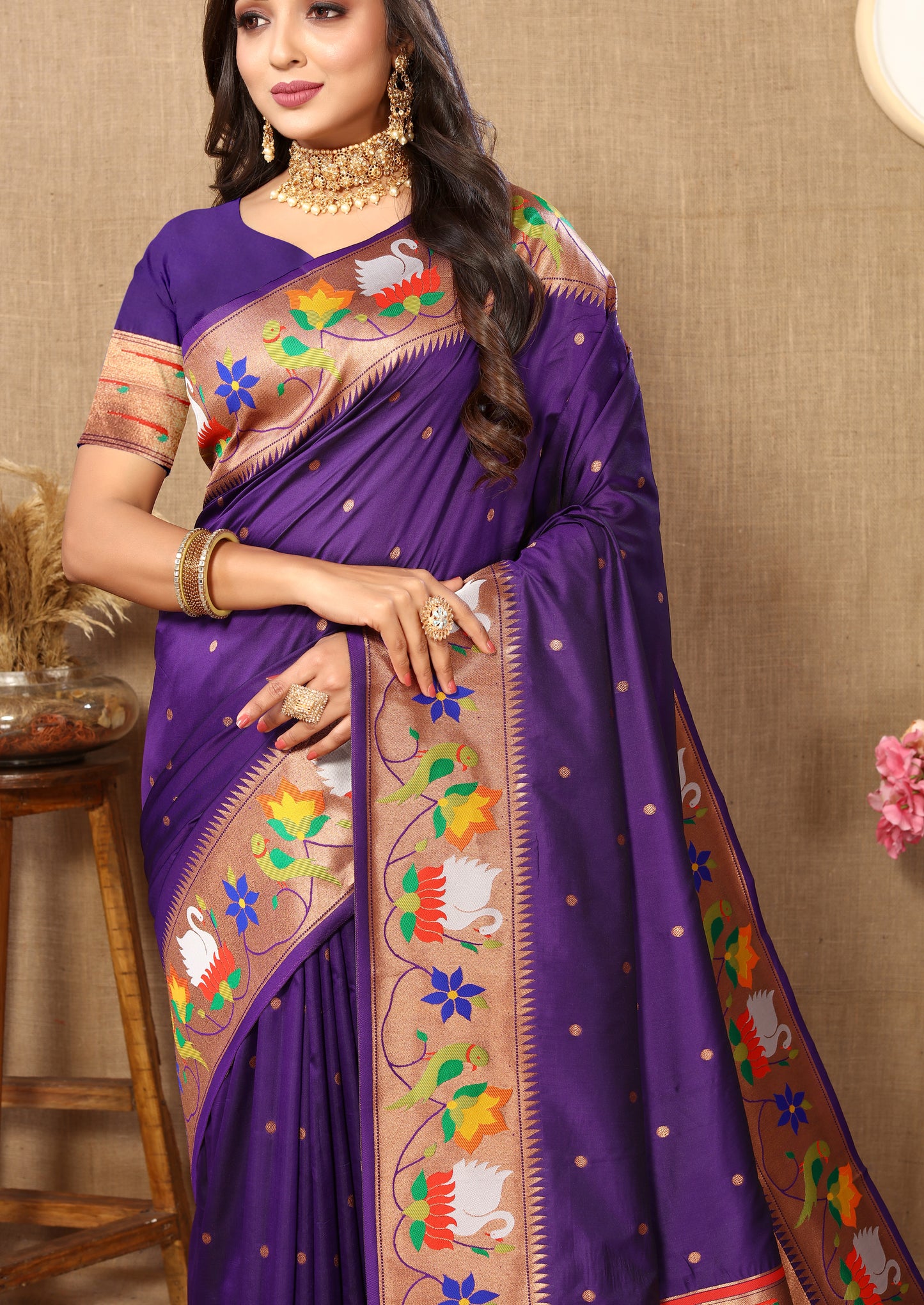 Violet Traditional Rajhans Paithani Soft Silk Saree With Blouse Piece