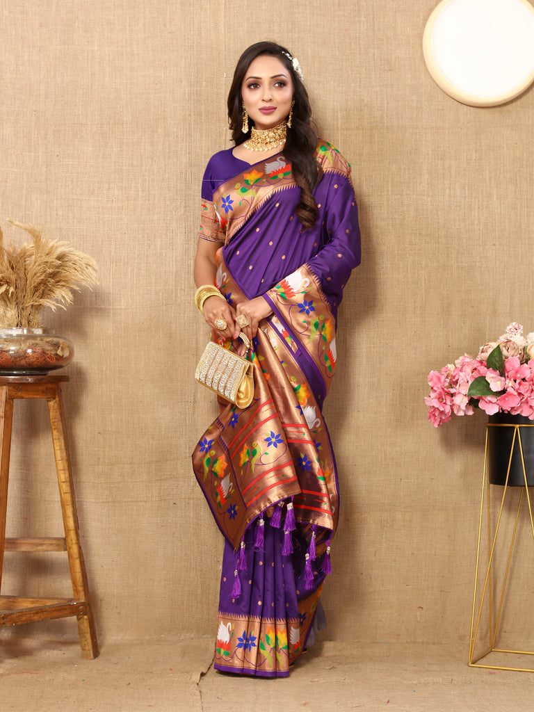 Violet Traditional Rajhans Paithani Soft Silk Saree With Blouse Piece