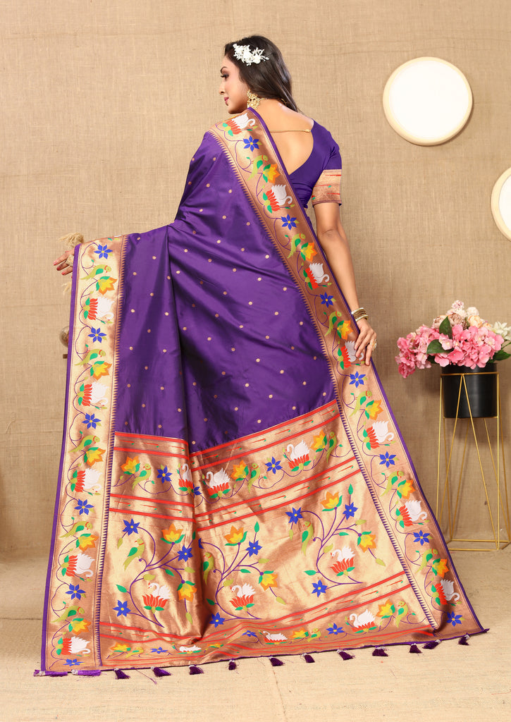 Violet Traditional Rajhans Paithani Soft Silk Saree With Blouse Piece