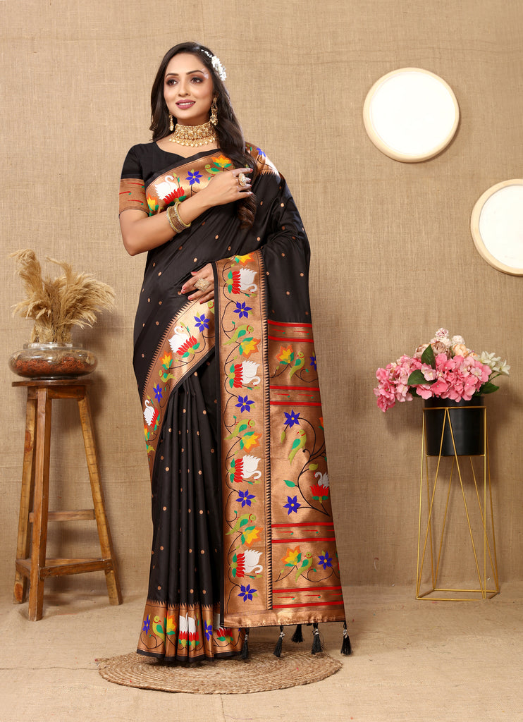 Black Traditional Rajhans Paithani Soft Silk Saree With Blouse Piece