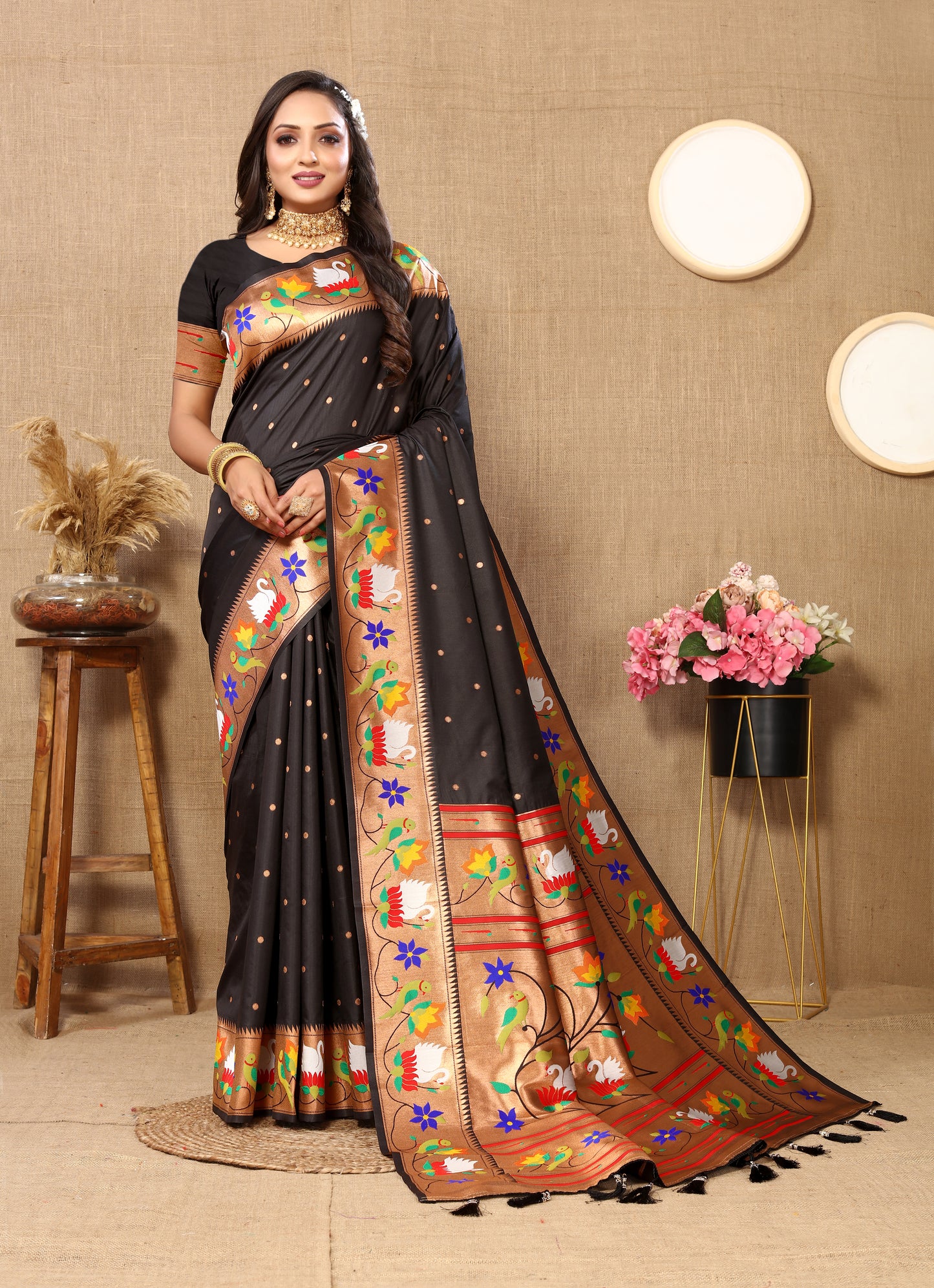 Black Traditional Rajhans Paithani Soft Silk Saree With Blouse Piece