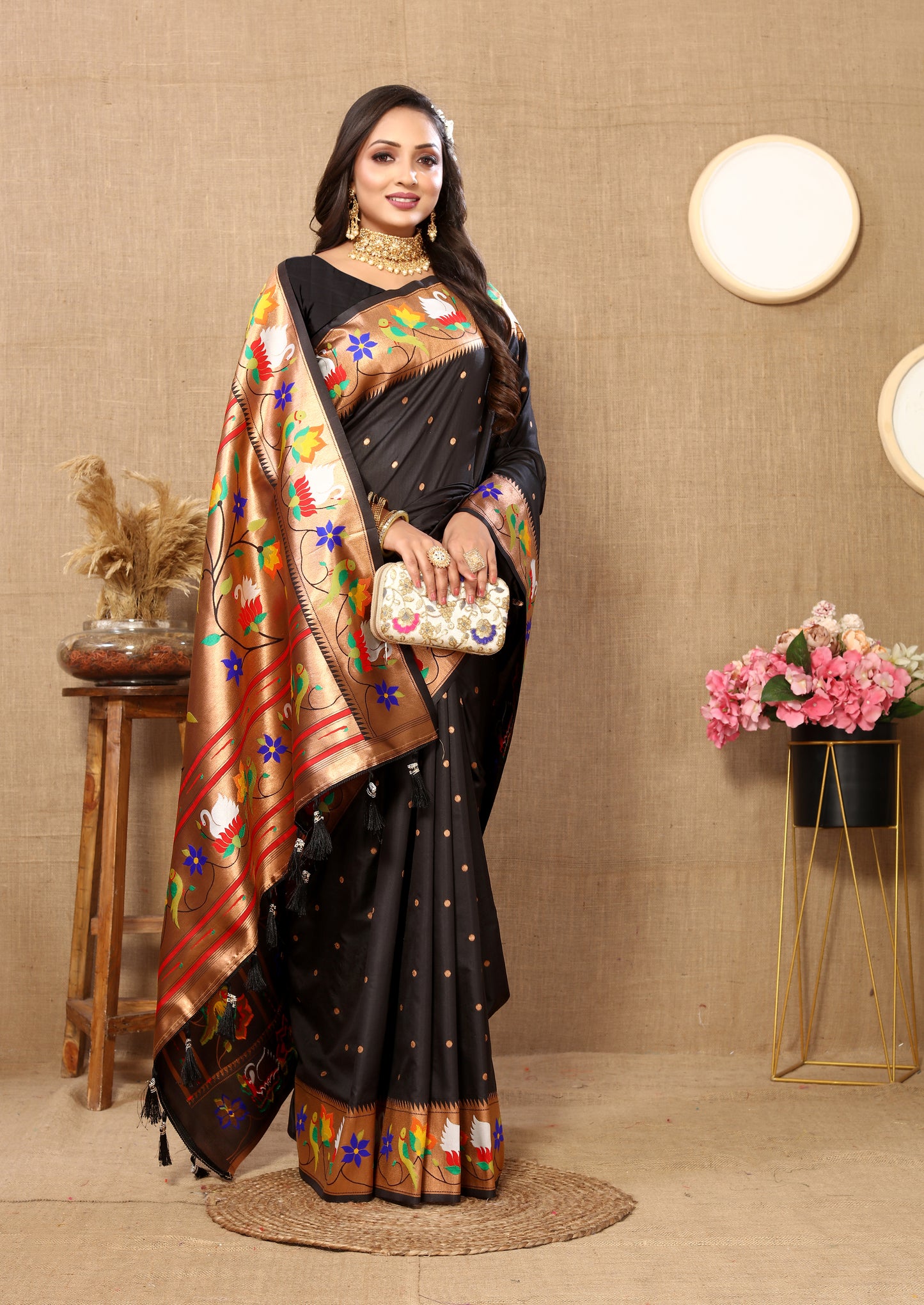 Black Traditional Rajhans Paithani Soft Silk Saree With Blouse Piece