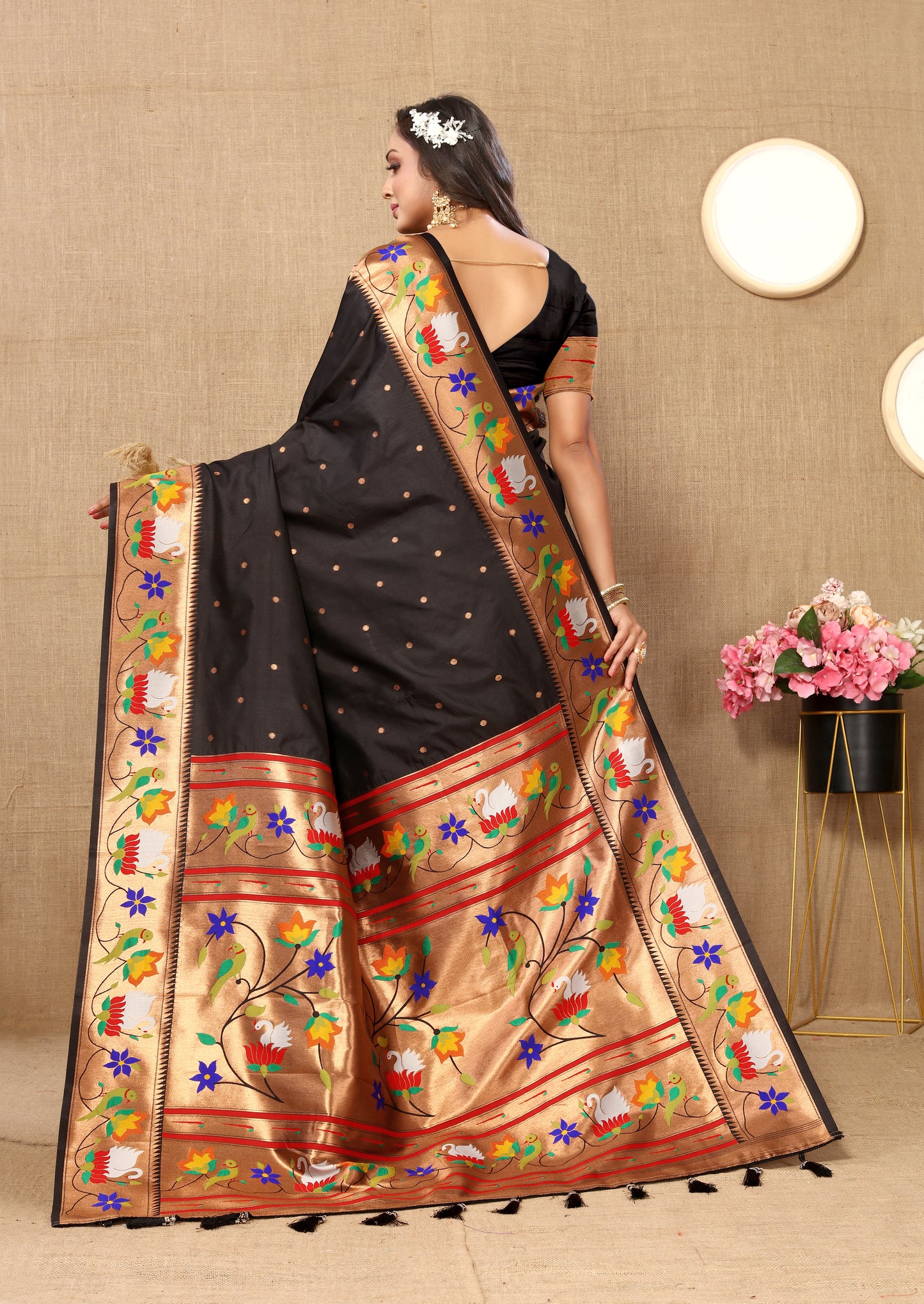 Black Traditional Rajhans Paithani Soft Silk Saree With Blouse Piece