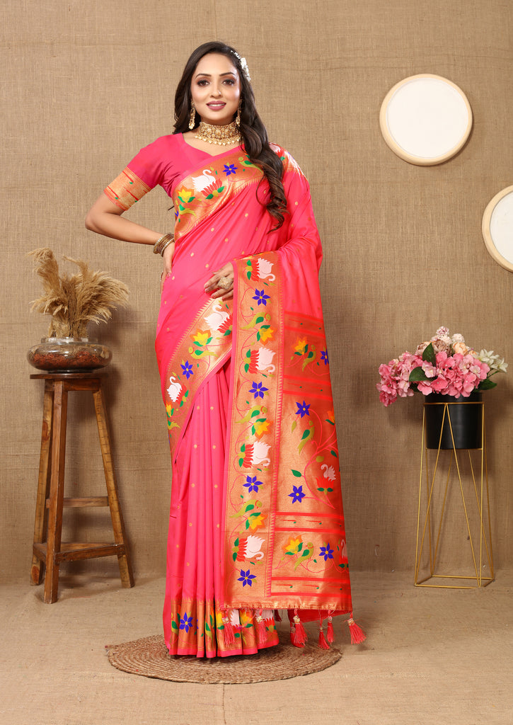 Peach Traditional Rajhans Paithani Soft Silk Saree With Blouse Piece