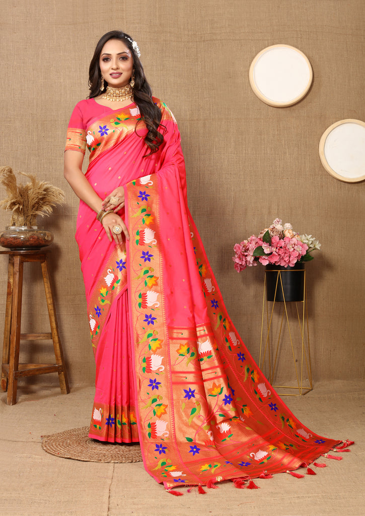 Peach Traditional Rajhans Paithani Soft Silk Saree With Blouse Piece