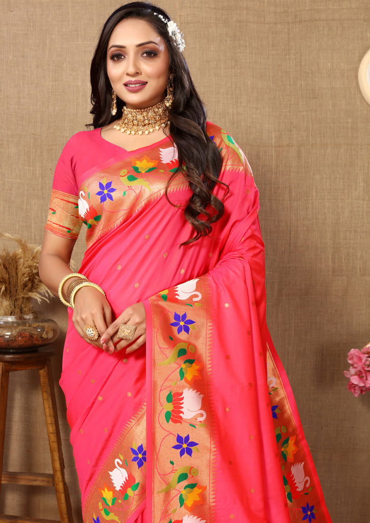 Peach Traditional Rajhans Paithani Soft Silk Saree With Blouse Piece