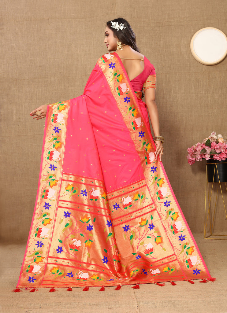 Peach Traditional Rajhans Paithani Soft Silk Saree With Blouse Piece