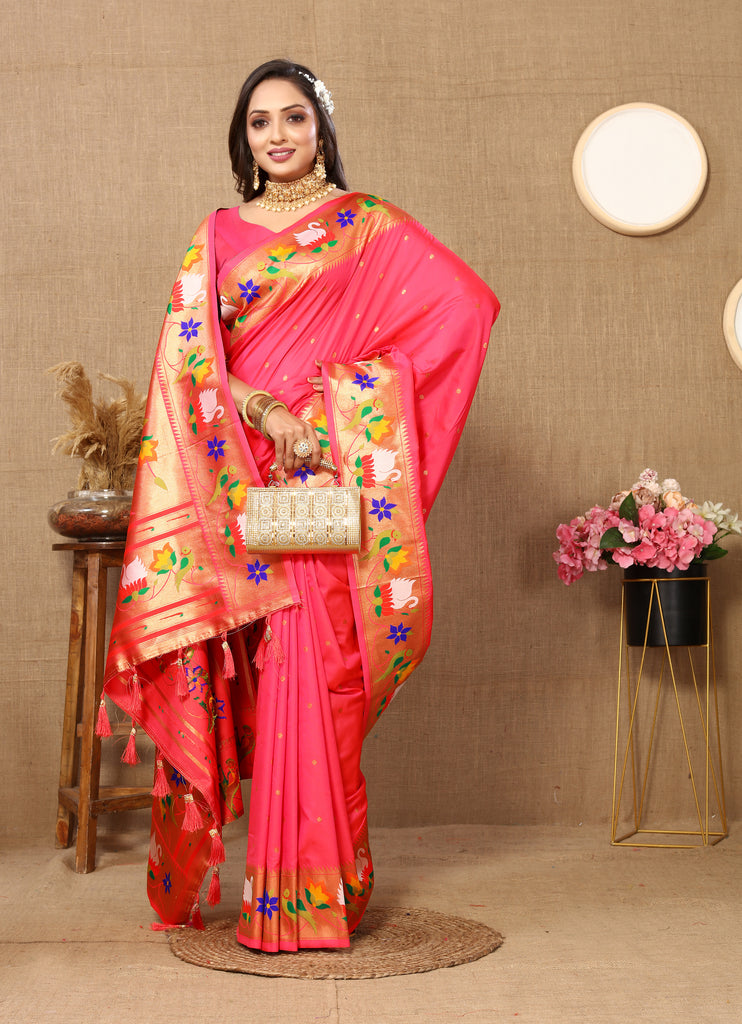 Peach Traditional Rajhans Paithani Soft Silk Saree With Blouse Piece