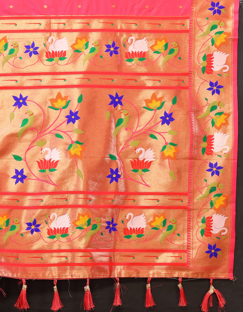 Peach Traditional Rajhans Paithani Soft Silk Saree With Blouse Piece