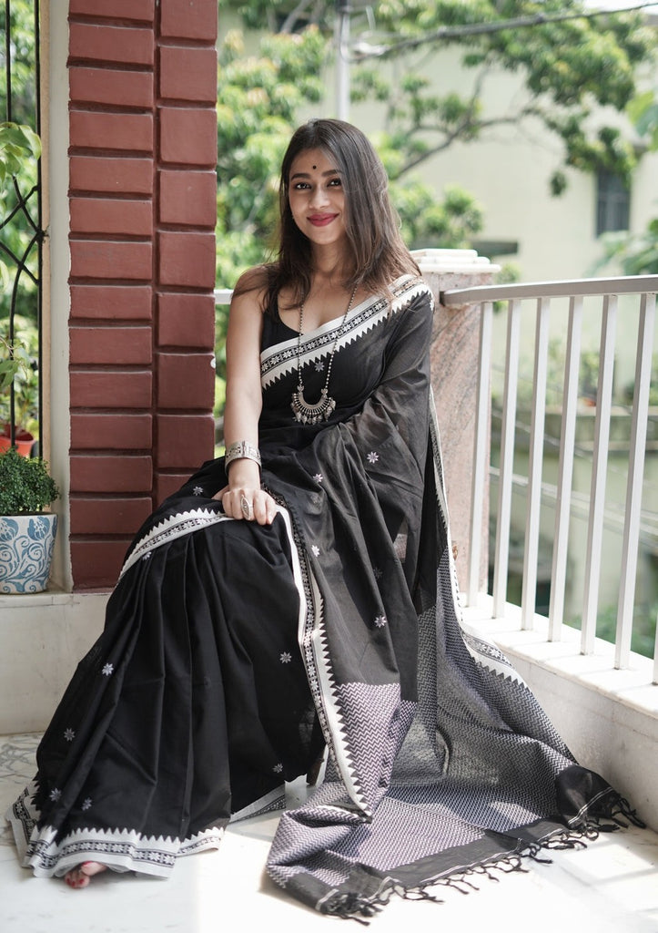 Black & White Soft Cotton Silk Saree With Blouse Piece
