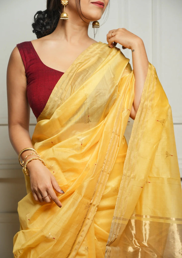 Yellow Rich Pure Linen Cotton Silk Saree With Blouse Piece