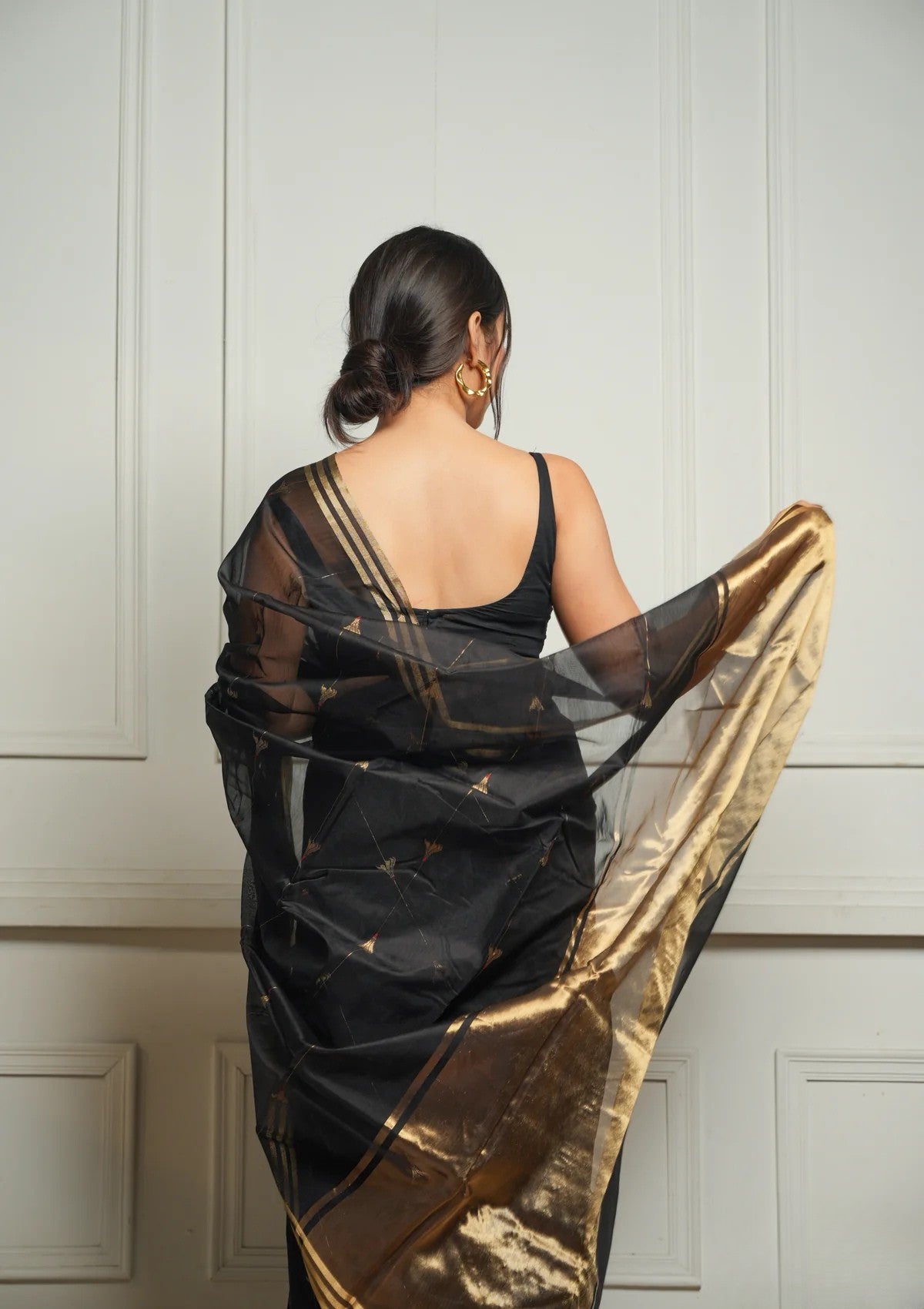 Black Rich Pure Linen Cotton Silk Saree With Blouse Piece