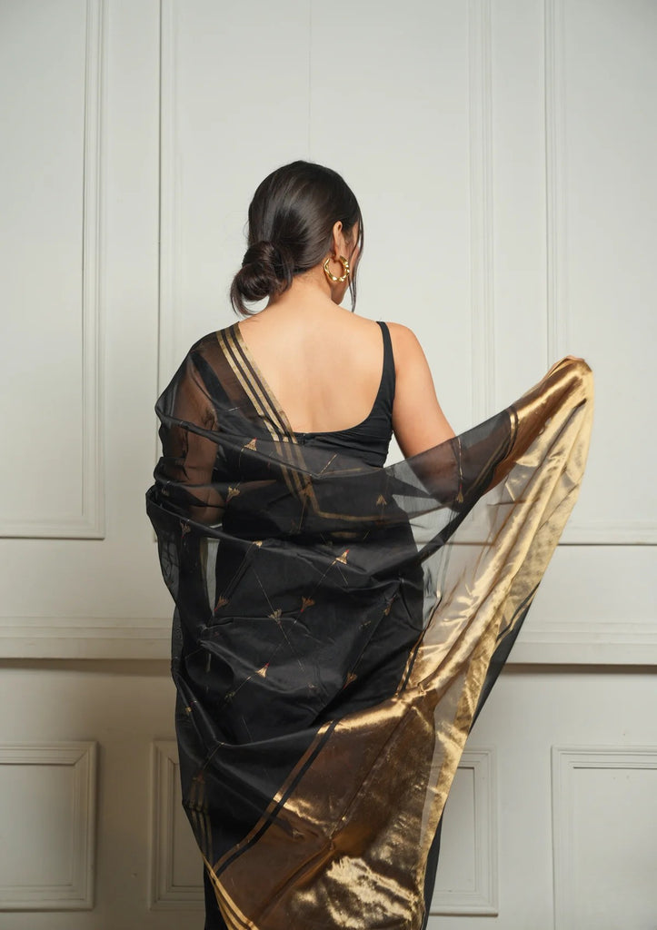 Black Rich Pure Linen Cotton Silk Saree With Blouse Piece
