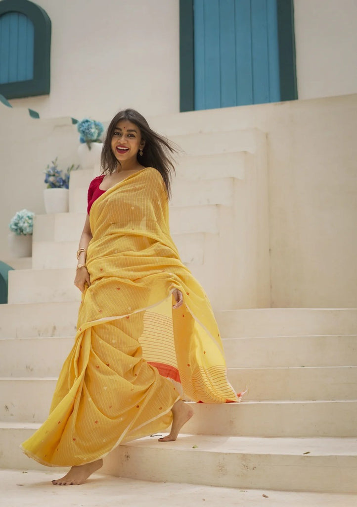 Yellow Soft Cotton Silk Saree With Blouse Piece