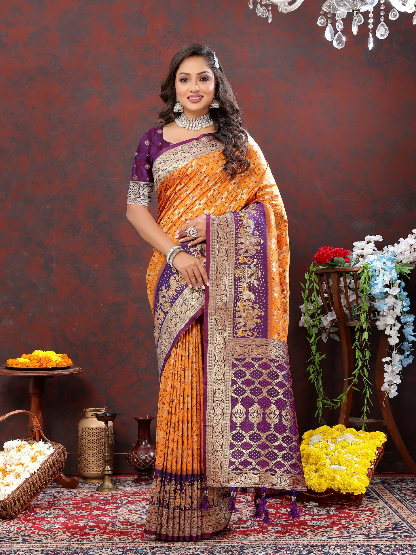 Mustard Classic Meenakari Bandhani Silk Saree