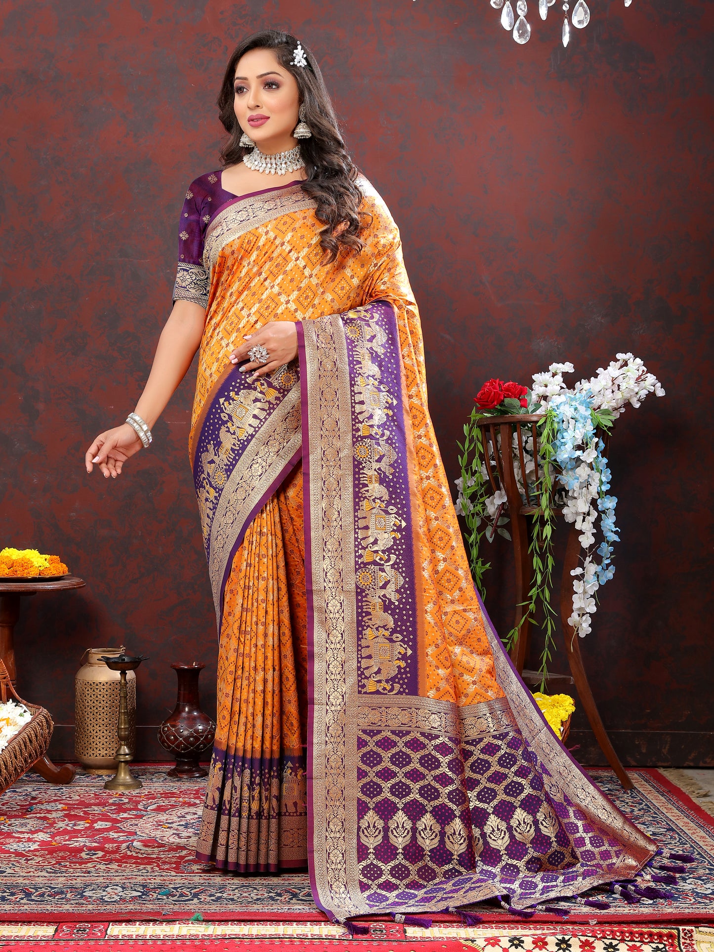 Mustard Classic Meenakari Bandhani Silk Saree
