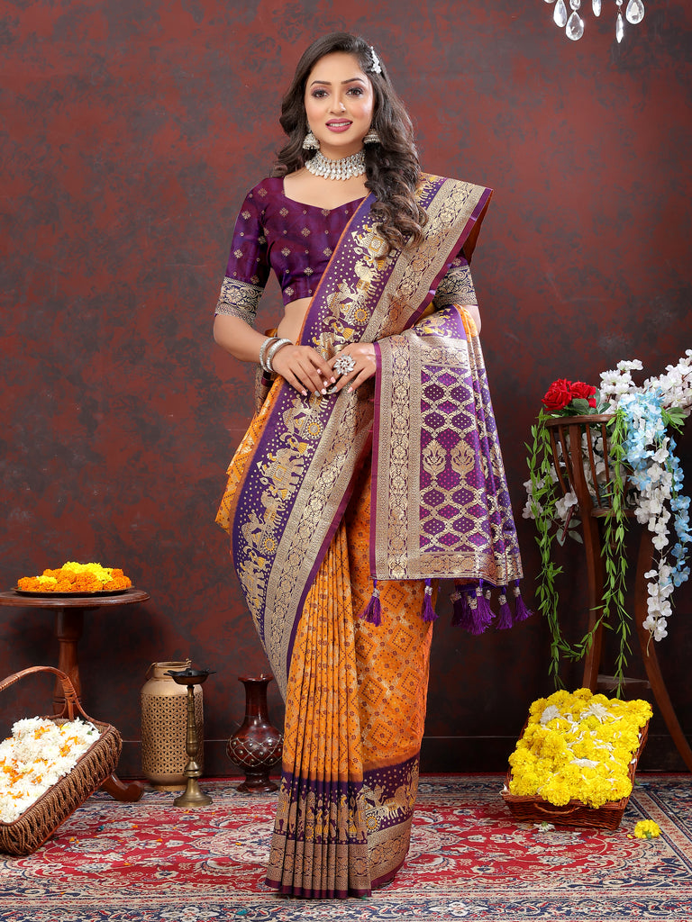Mustard Classic Meenakari Bandhani Silk Saree